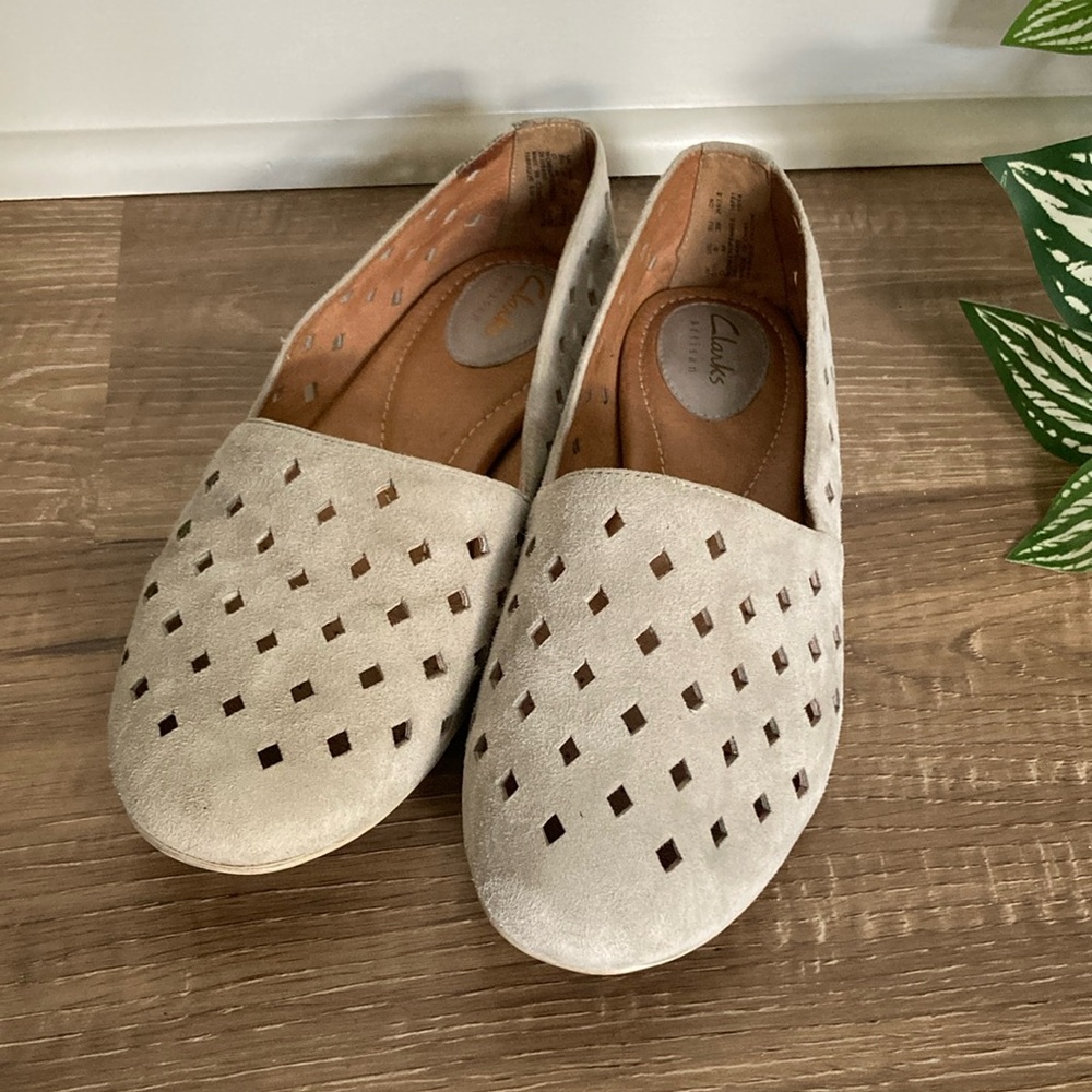 Clarks Tan Flats with Perforated Design